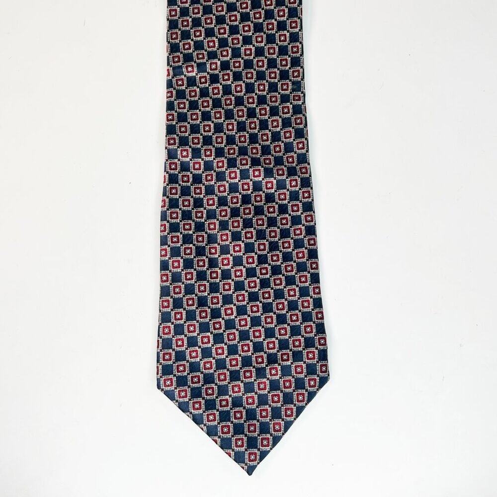 Alexander Lloyd Geometric Print Mens Neck Tie Navy Blue Burgundy 100% Silk USA